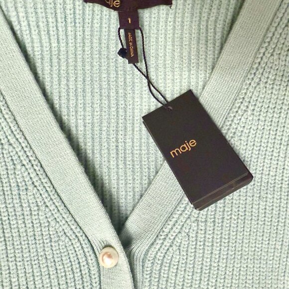 Maje Feaux-Pearl Button Knitted Celadon Cardigan - Picture 5 of 6